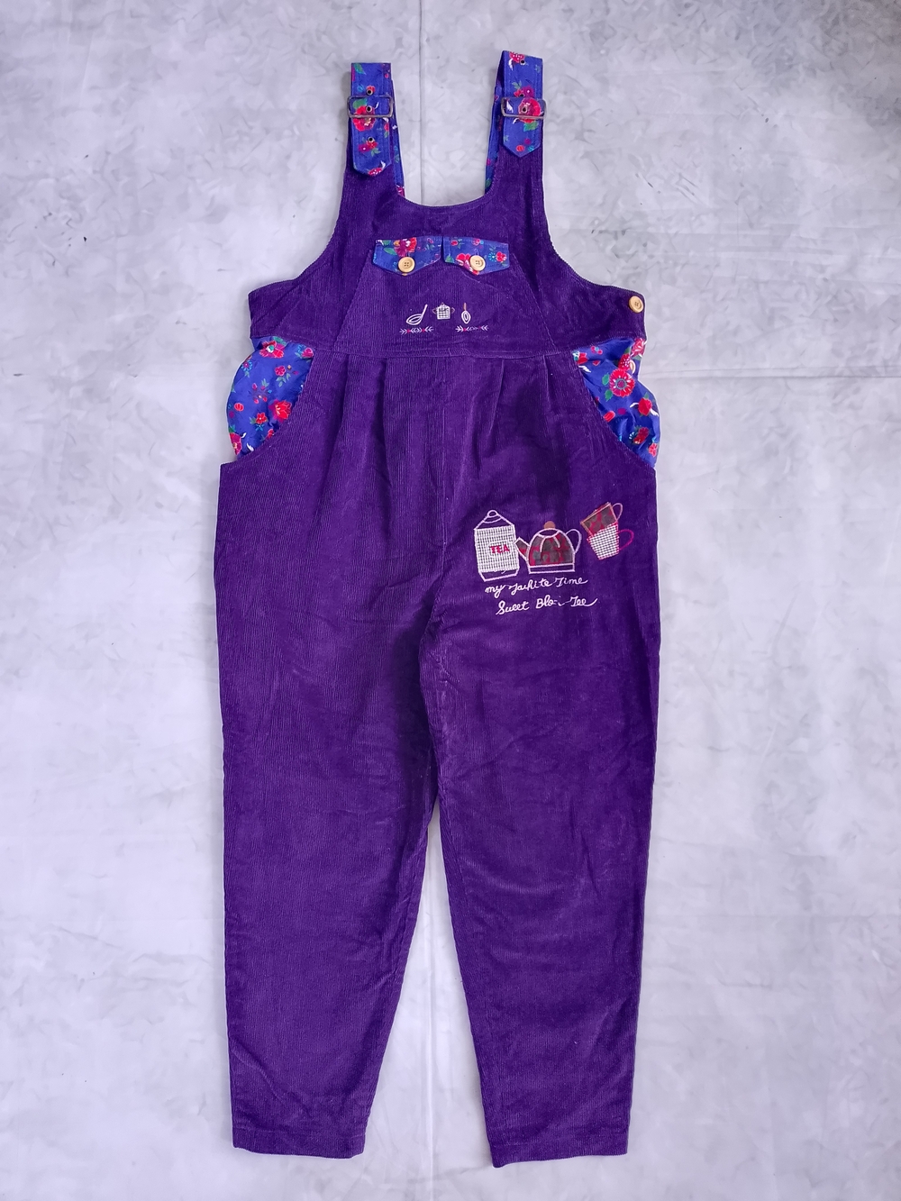 Vintage Purple Corduroy Embroidered Overalls with Floral Trim